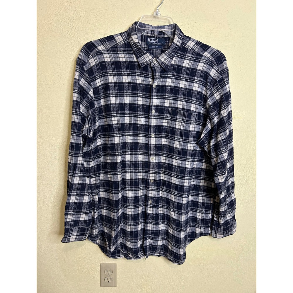 Polo Ralph Lauren Marlowe Flannel‎ Shirt Mens XXL Blue White Plaid Cotton Blend